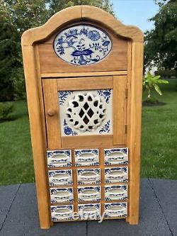 VTG Blue Spice Cabinet Wooden Porcelain Wall Shelf Kitchen Cabinet 25x12x5