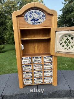 VTG Blue Spice Cabinet Wooden Porcelain Wall Shelf Kitchen Cabinet 25x12x5