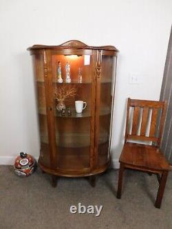 VTG Dark Oak demi-lune bow glass lighted curio cabinet Antique Victorian We Ship