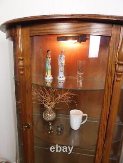 VTG Dark Oak demi-lune bow glass lighted curio cabinet Antique Victorian We Ship