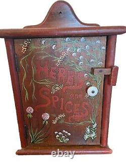 VTG Wood Cabinet Wall Mount 18Hanging Herb Spice Hand painted Primitive Shelf