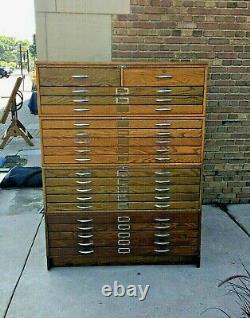 VTG Wood Mayline Oak Flat Files/Map Drawers 4 Sections-20 Dr. Mid Century Modern