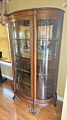 Victorian Antique Oak Curved Glass Curio China Cabinet