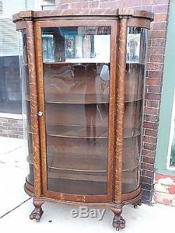 Victorian Antique Quarter Sawn Oak Triple curved Glass Claw foot China Cabinet