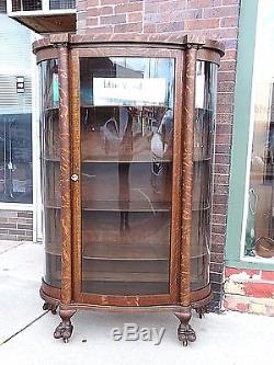 Victorian Antique Quarter Sawn Oak Triple curved Glass Claw foot China Cabinet
