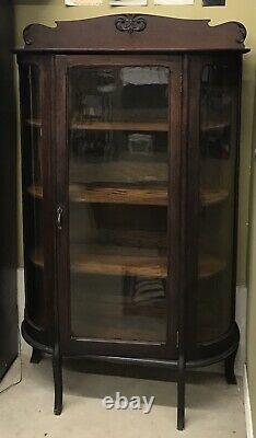 Victorian Antique Solid Oak Curved Glass Curio Display Cabinet Paw Feet