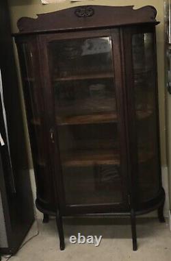 Victorian Antique Solid Oak Curved Glass Curio Display Cabinet Paw Feet
