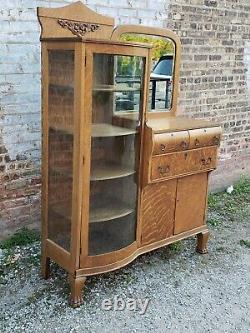 Victorian Antique Tiger quarter sawn Oak sideboard china cabinet with claw feet