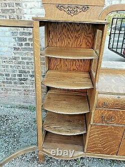 Victorian Antique Tiger quarter sawn Oak sideboard china cabinet with claw feet