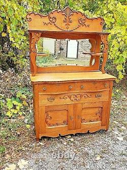 Victorian Antique oak ornate Sideboard buffet breakfront cabinet & mirrored back