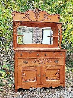 Victorian Antique oak ornate Sideboard buffet breakfront cabinet & mirrored back
