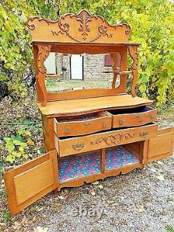 Victorian Antique oak ornate Sideboard buffet breakfront cabinet & mirrored back