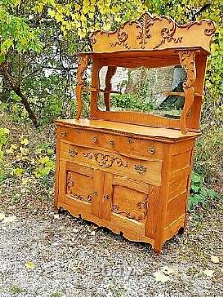 Victorian Antique oak ornate Sideboard buffet breakfront cabinet & mirrored back