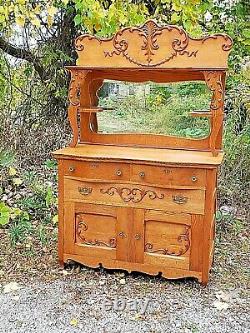 Victorian Antique oak ornate Sideboard buffet breakfront cabinet & mirrored back