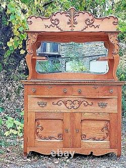 Victorian Antique oak ornate Sideboard buffet breakfront cabinet & mirrored back