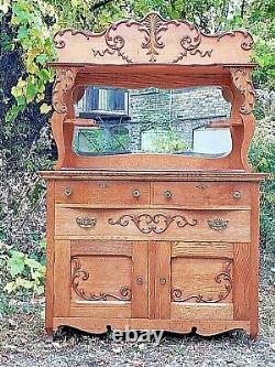 Victorian Antique oak ornate Sideboard buffet breakfront cabinet & mirrored back