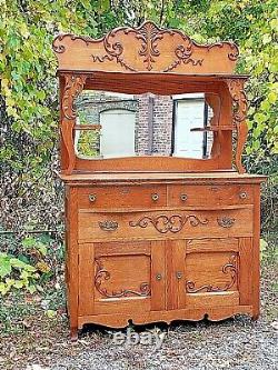 Victorian Antique oak ornate Sideboard buffet breakfront cabinet & mirrored back