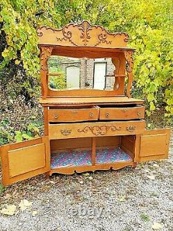 Victorian Antique oak ornate Sideboard buffet breakfront cabinet & mirrored back