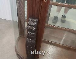 Victorian Carved Oak North Wind Curved Glass Curio Crystal Display Cabinet