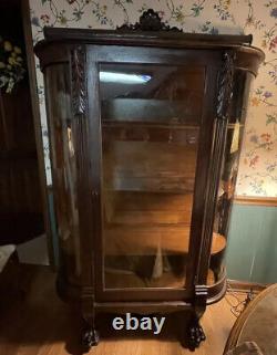 Victorian Curio cabinet clawed feet, Curved Glass (PU In Atlanta) SOLD AS IS