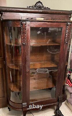 Victorian Curio cabinet clawed feet, Curved Glass (PU In Atlanta) SOLD AS IS