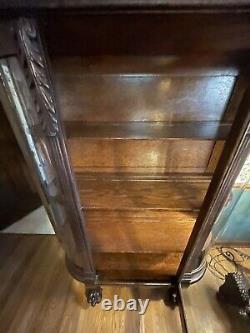 Victorian Curio cabinet clawed feet, Curved Glass (PU In Atlanta) SOLD AS IS