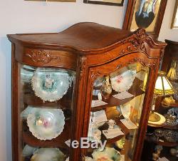 Victorian Oak China Curio Cabinet Serpentine Beveled Glass