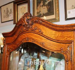 Victorian Oak China Curio Cabinet Serpentine Beveled Glass