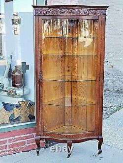 Victorian antique Rare Elegant Ornate oak corner curved glass cabinet curio