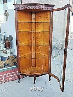 Victorian antique Rare Elegant Ornate oak corner curved glass cabinet curio