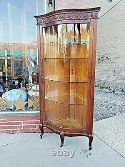 Victorian antique Rare Elegant Ornate oak corner curved glass cabinet curio