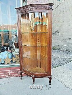 Victorian antique Rare Elegant Ornate oak corner curved glass cabinet curio