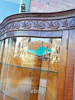 Victorian antique Rare Elegant Ornate oak corner curved glass cabinet curio