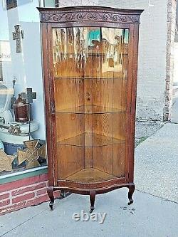 Victorian antique Rare Elegant Ornate oak corner curved glass cabinet curio