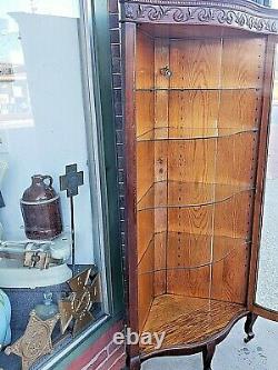 Victorian antique Rare Elegant Ornate oak corner curved glass cabinet curio