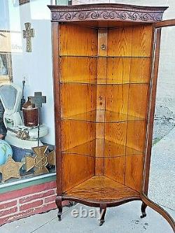 Victorian antique Rare Elegant Ornate oak corner curved glass cabinet curio