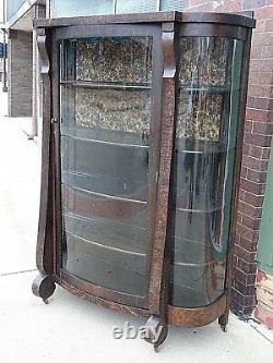 Victorian large Antique Curved glass tiger oak carved Empire China Cabinet