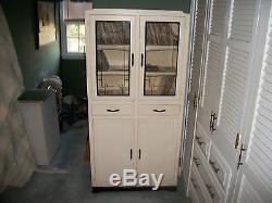 Vintage 1940s White Deco Wood Kitchen Cupboard Cabinet Stenciled Glass Excel