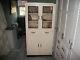 Vintage 1940s White Deco Wood Kitchen Cupboard Cabinet Stenciled Glass Excel