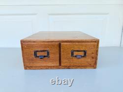 Vintage 2 Drawer Oak Library Card File Index Wooden Recipe Box
