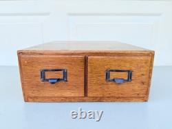 Vintage 2 Drawer Oak Library Card File Index Wooden Recipe Box