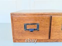 Vintage 2 Drawer Oak Library Card File Index Wooden Recipe Box