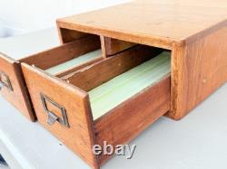 Vintage 2 Drawer Oak Library Card File Index Wooden Recipe Box