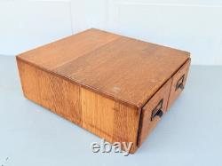 Vintage 2 Drawer Oak Library Card File Index Wooden Recipe Box