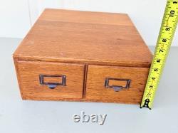 Vintage 2 Drawer Oak Library Card File Index Wooden Recipe Box