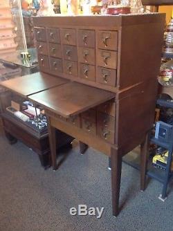 Vintage 30 Drawer Wood Floor Library Card Catalog Cabinet With Original Table Desk