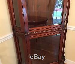 Vintage Antique Carved Mahogany Corner China Cabinet With Beveled Glass