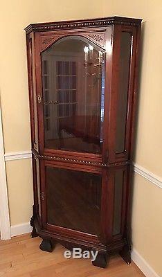 Vintage Antique Carved Mahogany Corner China Cabinet With Beveled Glass