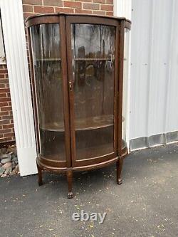 Vintage Antique China Cabinet Curved Beveled Glass Curio 2 Shelves Claw Feet