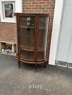 Vintage Antique China Cabinet Curved Beveled Glass Curio 2 Shelves Claw Feet